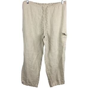 St. Johns Bay Pants Womens Sz L Ivory Beige Linen Drawstring Casual Pockets Crop